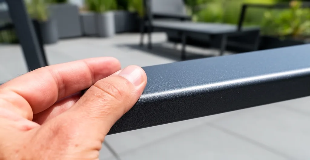 Détail finition accoudoir fauteuil de jardin aluminium traité pour réception extérieure