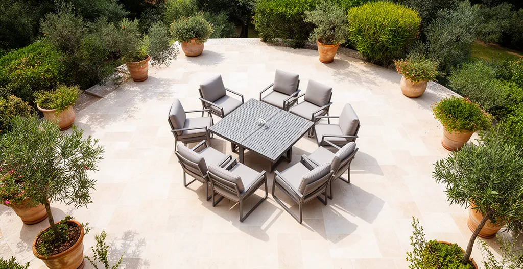 Vue d'ensemble terrasse aménagée avec salon de jardin modulable montrant espaces de circulation